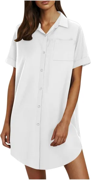 Summer Dresses for Women 2025,Button Down Shift Dresses Short Sleeve midi Dress Beach Vacation Clothes Shirt Dress