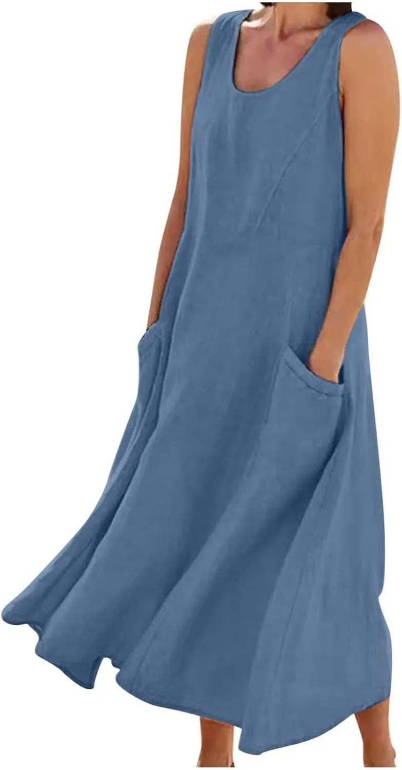 Summer Dresses for Women 2025,Casual Cotton Linen Dress Women u Neck Boho Maxi Dresses Beach Vacation Sundress
