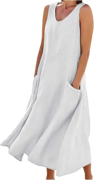 Summer Dresses for Women 2025,Casual Cotton Linen Dress Women u Neck Boho Maxi Dresses Beach Vacation Sundress