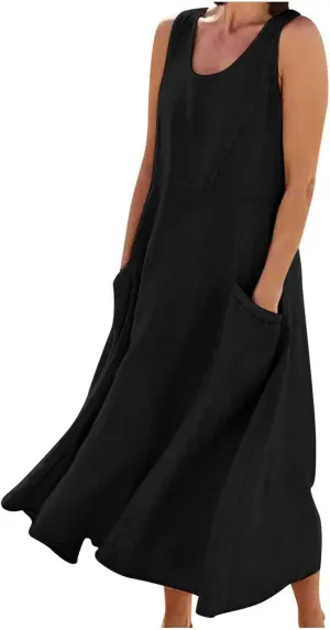 Summer Dresses for Women 2025,Casual Cotton Linen Dress Women u Neck Boho Maxi Dresses Beach Vacation Sundress