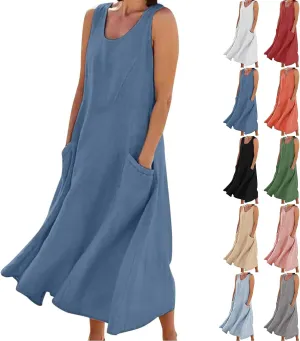 Summer Dresses for Women 2025,Casual Cotton Linen Dress Women u Neck Boho Maxi Dresses Beach Vacation Sundress