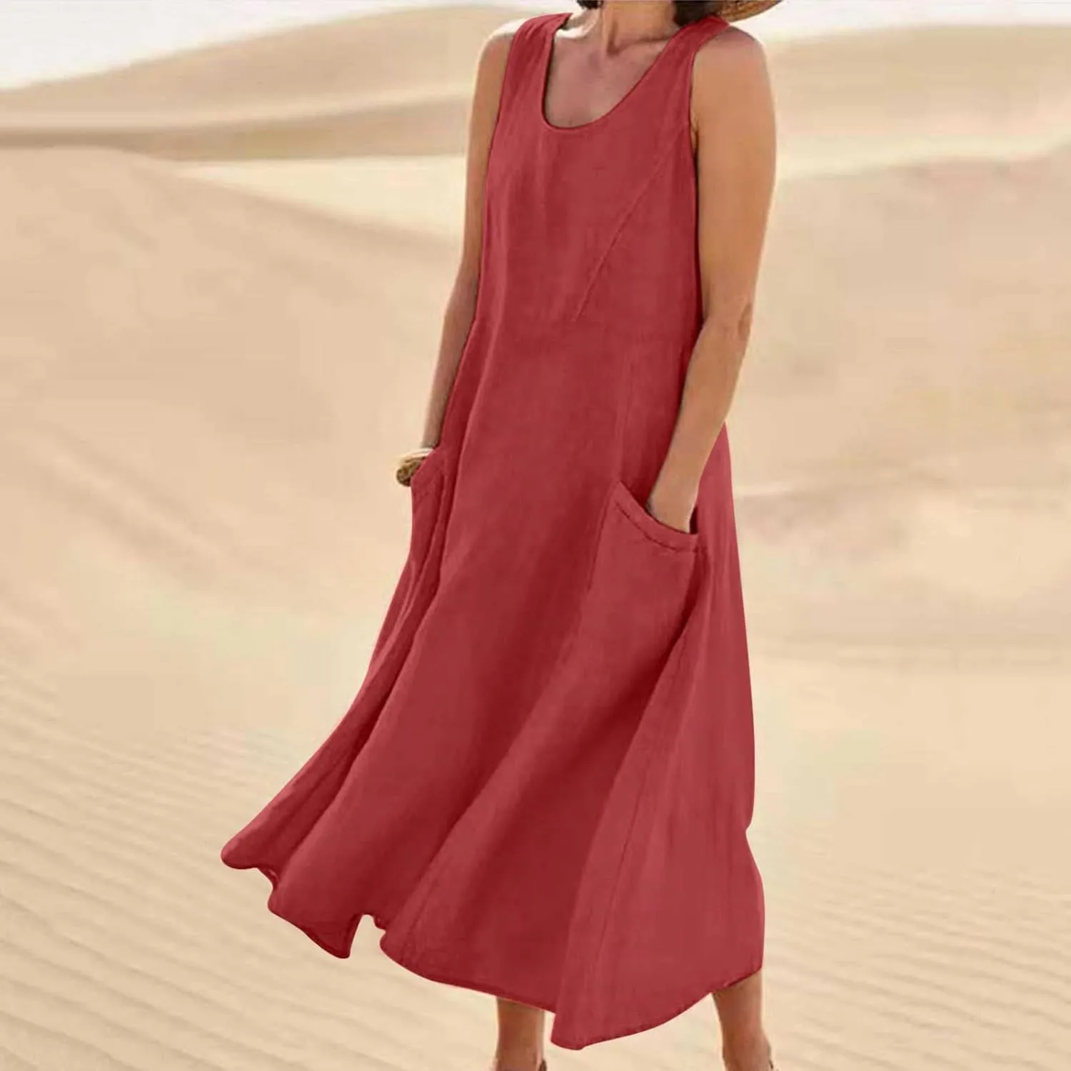 Summer Dresses for Women 2025,Casual Cotton Linen Dress Women u Neck Boho Maxi Dresses Beach Vacation Sundress