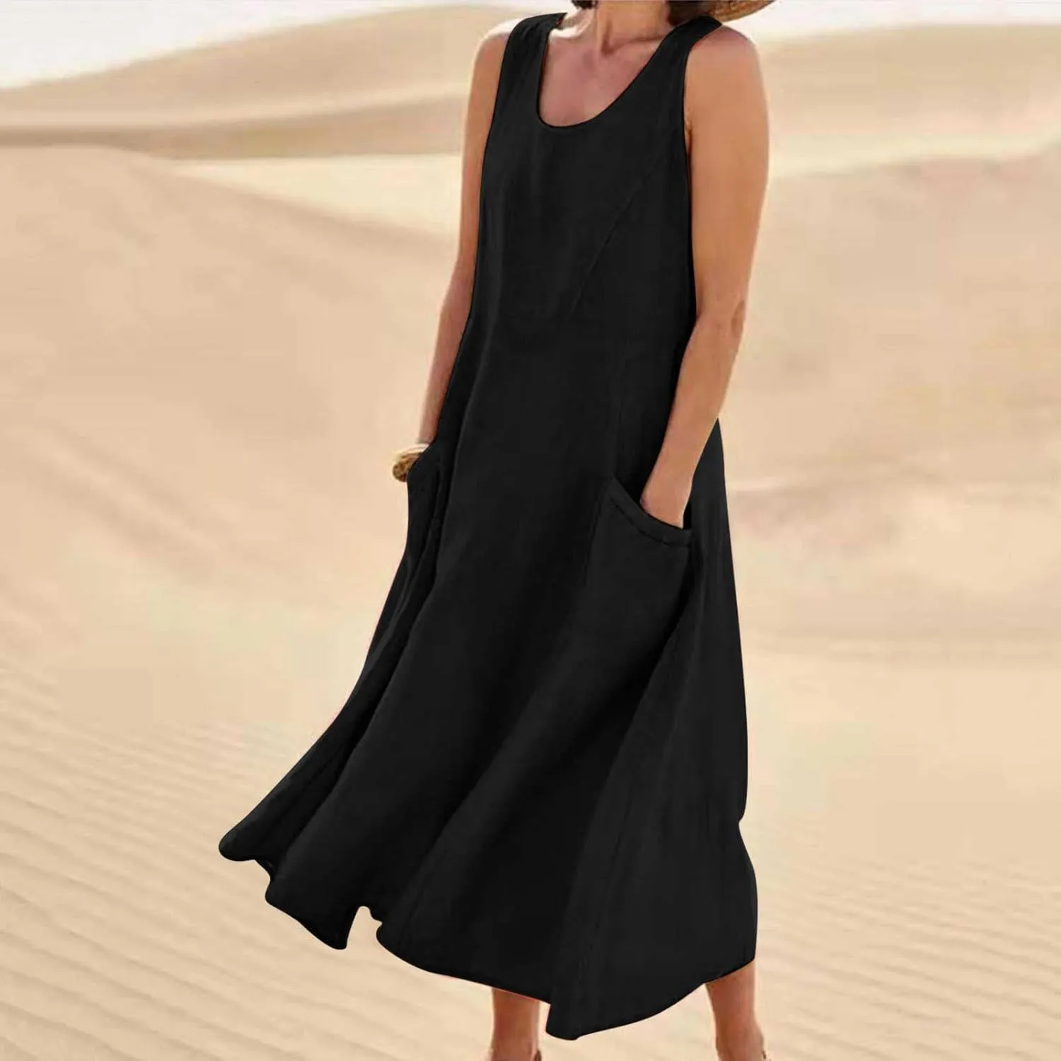 Summer Dresses for Women 2025,Casual Cotton Linen Dress Women u Neck Boho Maxi Dresses Beach Vacation Sundress
