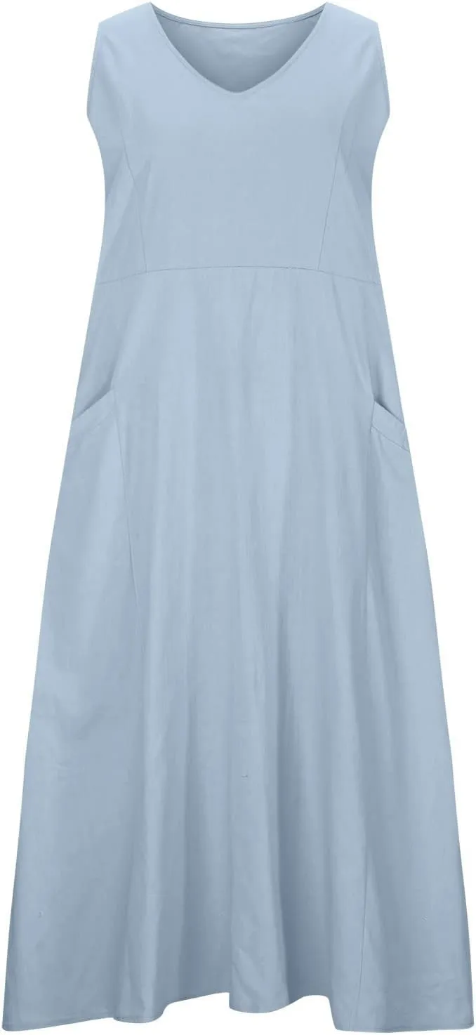 Summer Dresses for Women 2025,Casual Cotton Linen Dress Women u Neck Boho Maxi Dresses Beach Vacation Sundress
