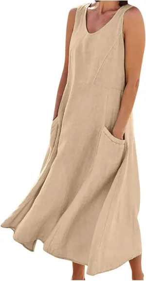 Summer Dresses for Women 2025,Casual Cotton Linen Dress Women u Neck Boho Maxi Dresses Beach Vacation Sundress