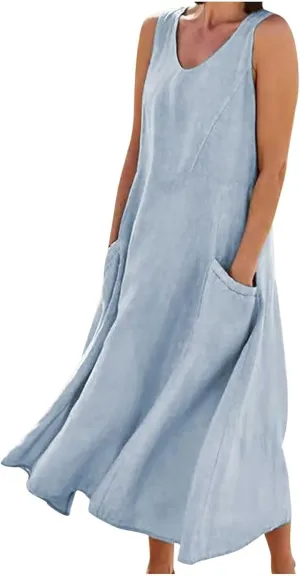 Summer Dresses for Women 2025,Casual Cotton Linen Dress Women u Neck Boho Maxi Dresses Beach Vacation Sundress