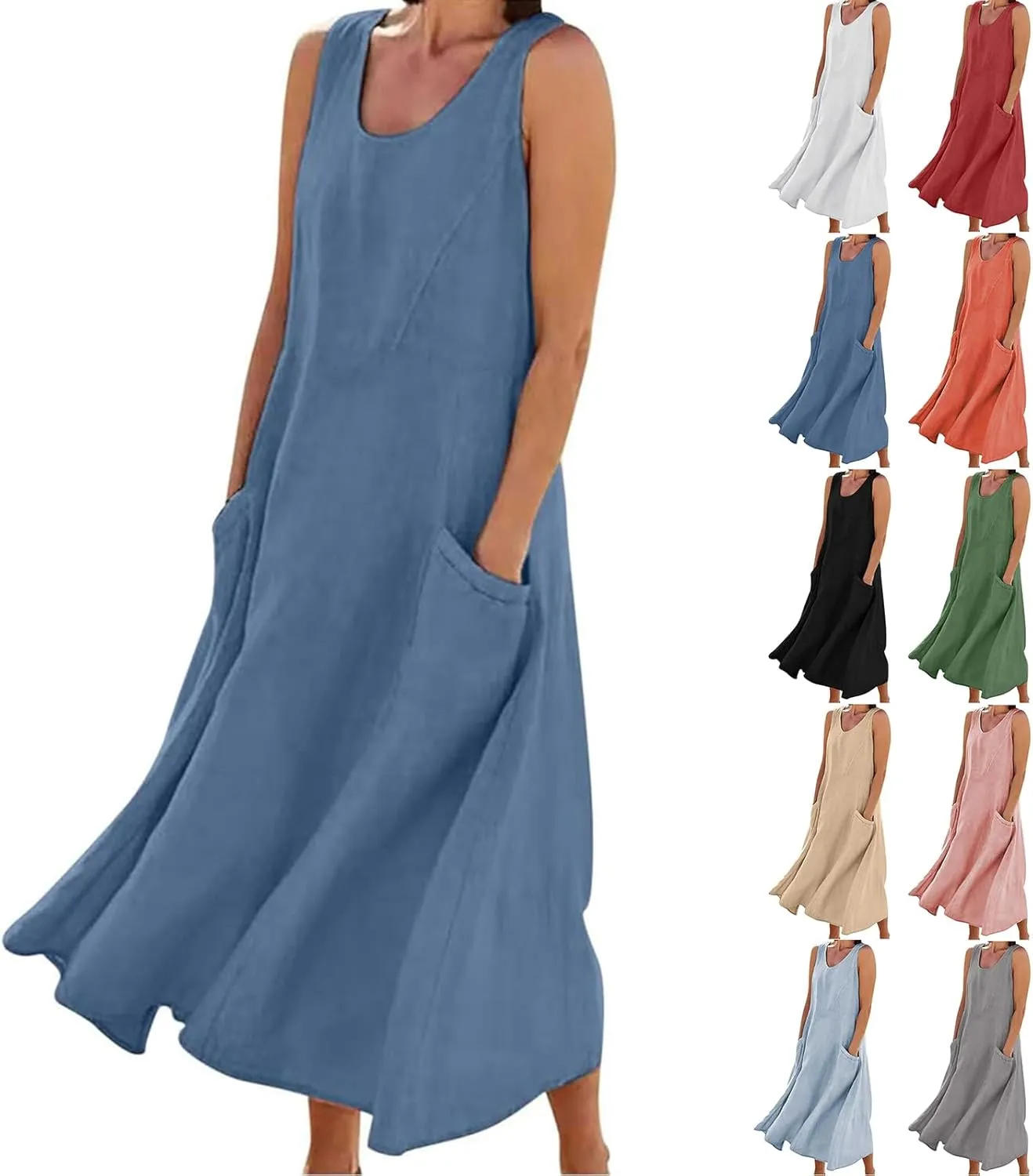 Summer Dresses for Women 2025,Casual Cotton Linen Dress Women u Neck Boho Maxi Dresses Beach Vacation Sundress