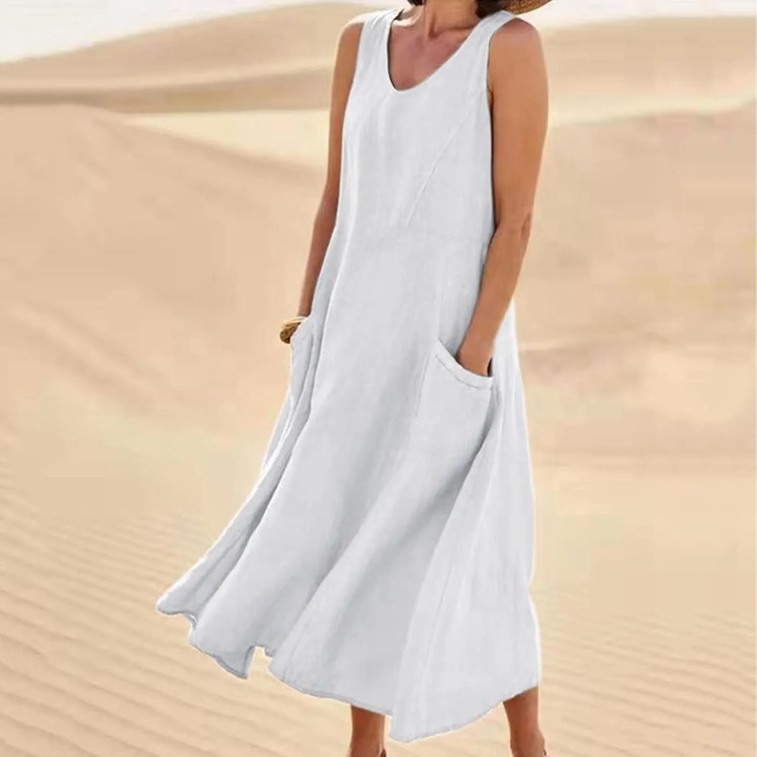 Summer Dresses for Women 2025,Casual Cotton Linen Dress Women u Neck Boho Maxi Dresses Beach Vacation Sundress