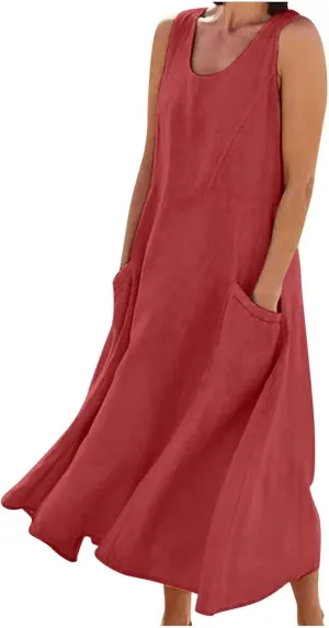 Summer Dresses for Women 2025,Casual Cotton Linen Dress Women u Neck Boho Maxi Dresses Beach Vacation Sundress