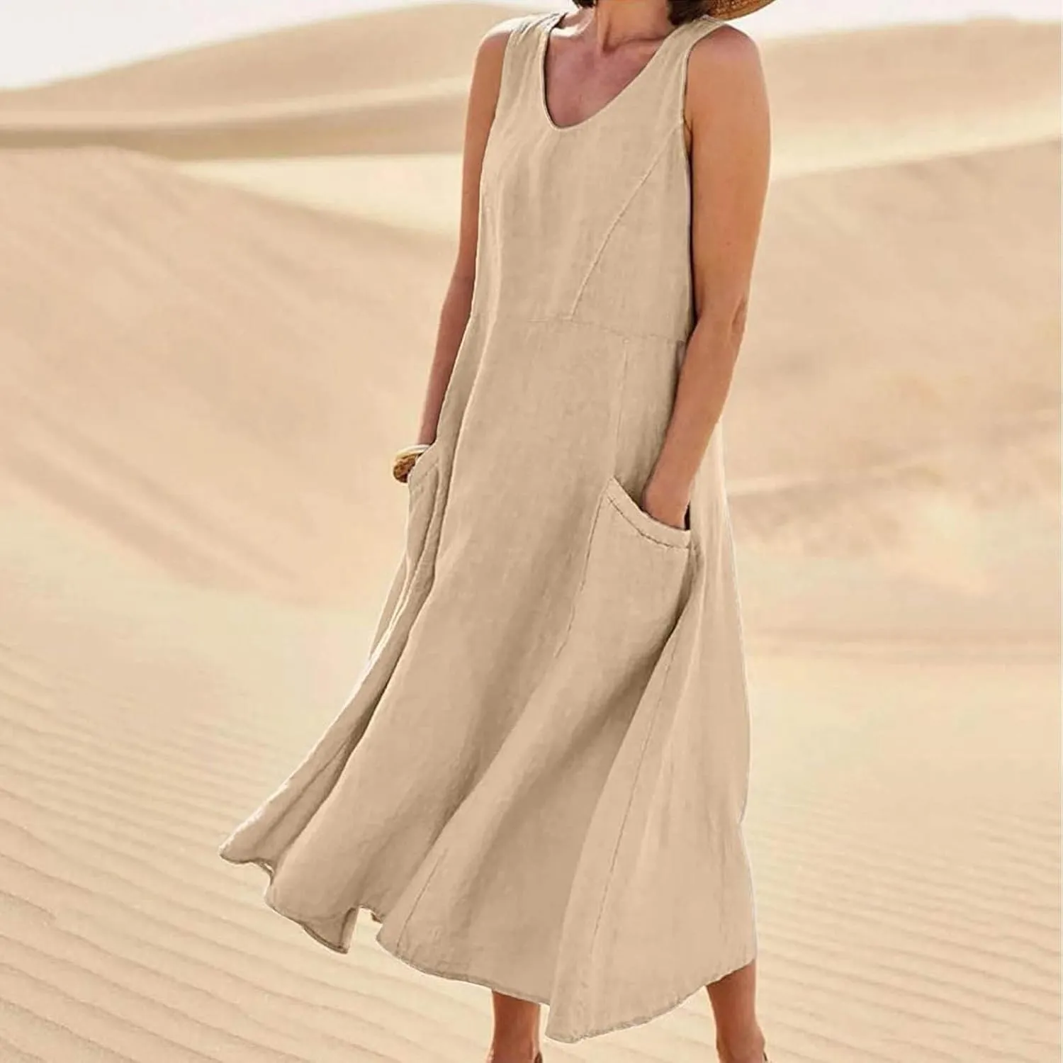 Summer Dresses for Women 2025,Casual Cotton Linen Dress Women u Neck Boho Maxi Dresses Beach Vacation Sundress
