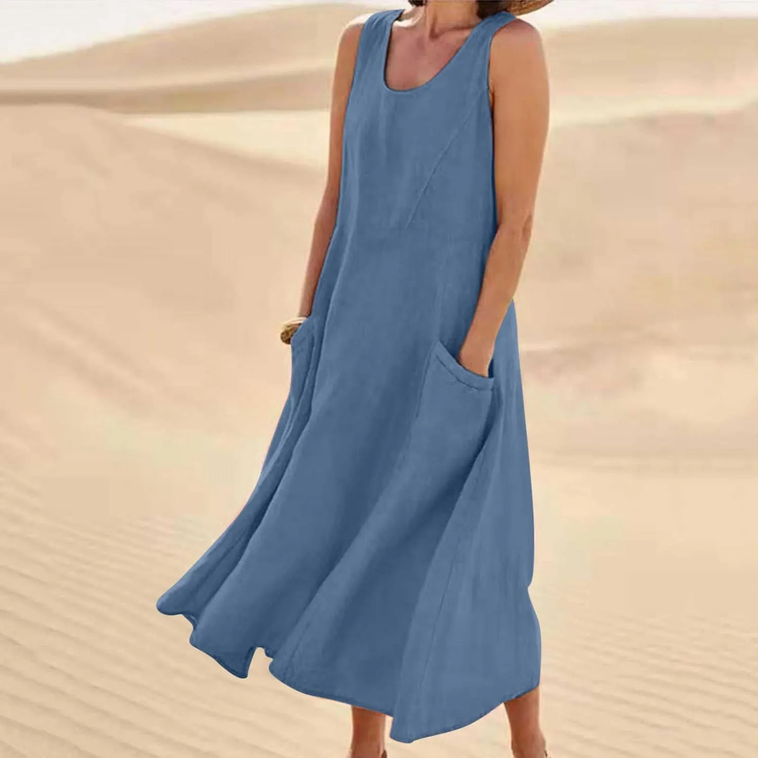 Summer Dresses for Women 2025,Casual Cotton Linen Dress Women u Neck Boho Maxi Dresses Beach Vacation Sundress