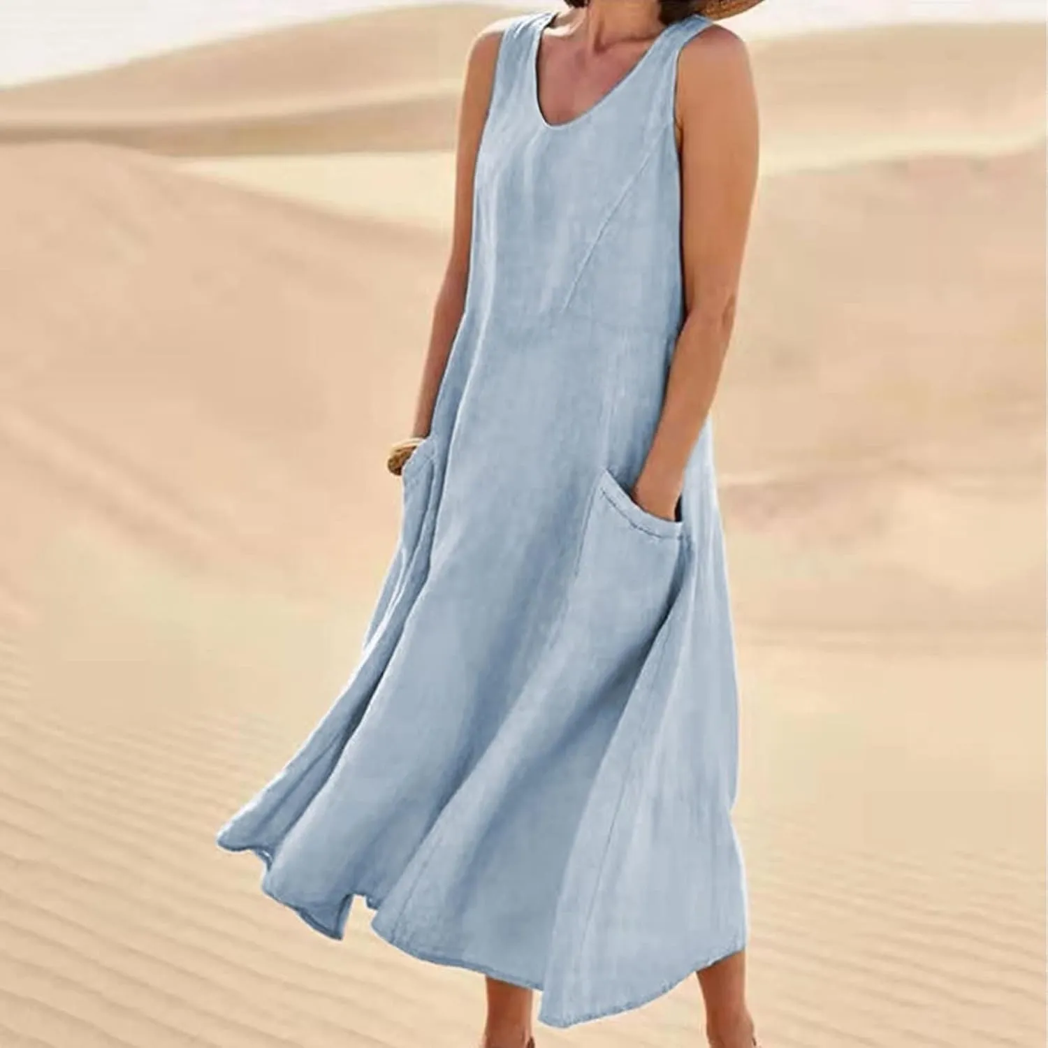Summer Dresses for Women 2025,Casual Cotton Linen Dress Women u Neck Boho Maxi Dresses Beach Vacation Sundress