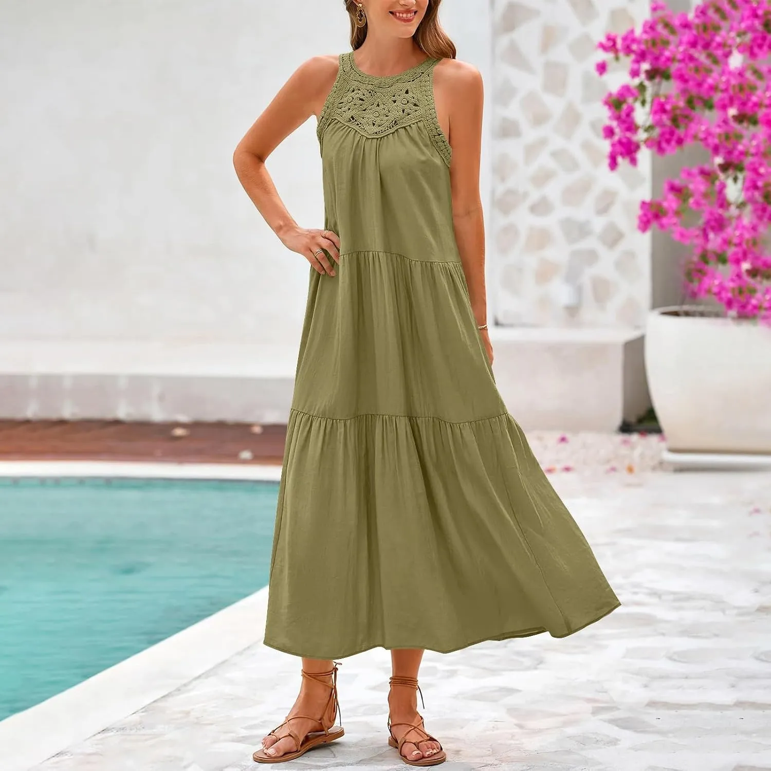 Summer Dresses for Women 2025,Casual Sleeveless Maxi Dresses Easter Crewneck Sundress Beach Vacation Clothes Fashion