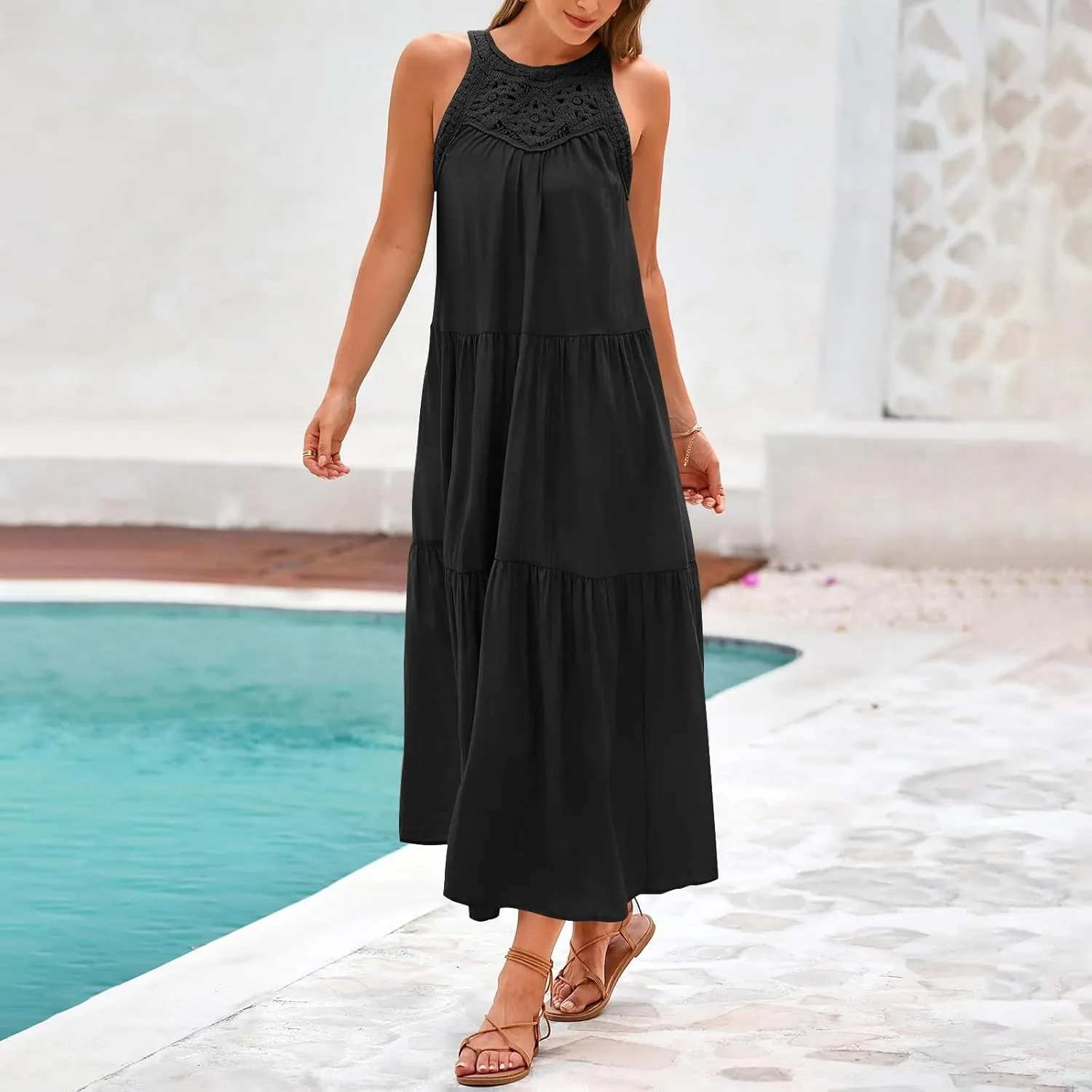 Summer Dresses for Women 2025,Casual Sleeveless Maxi Dresses Easter Crewneck Sundress Beach Vacation Clothes Fashion