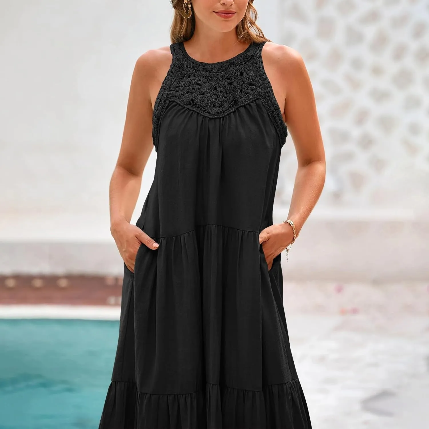 Summer Dresses for Women 2025,Casual Sleeveless Maxi Dresses Easter Crewneck Sundress Beach Vacation Clothes Fashion