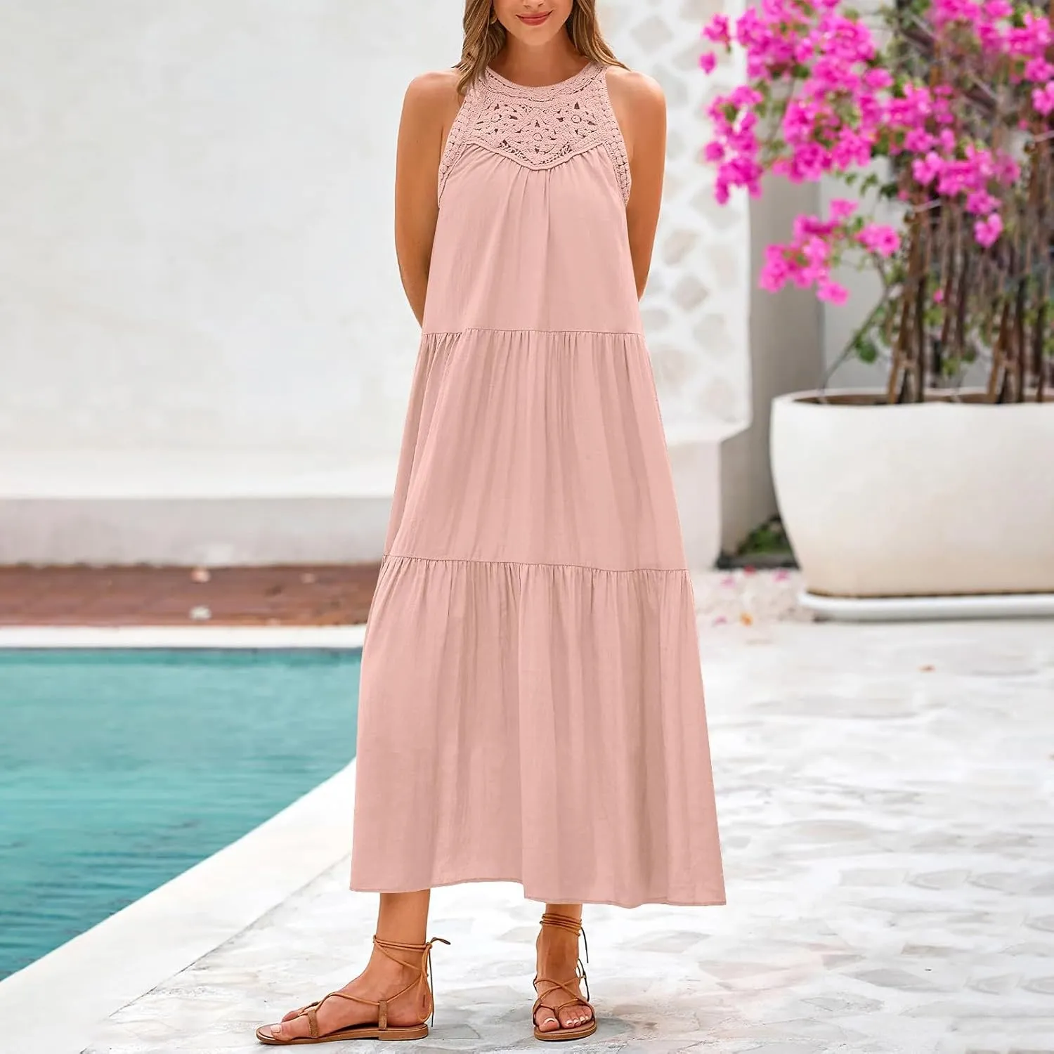 Summer Dresses for Women 2025,Casual Sleeveless Maxi Dresses Easter Crewneck Sundress Beach Vacation Clothes Fashion
