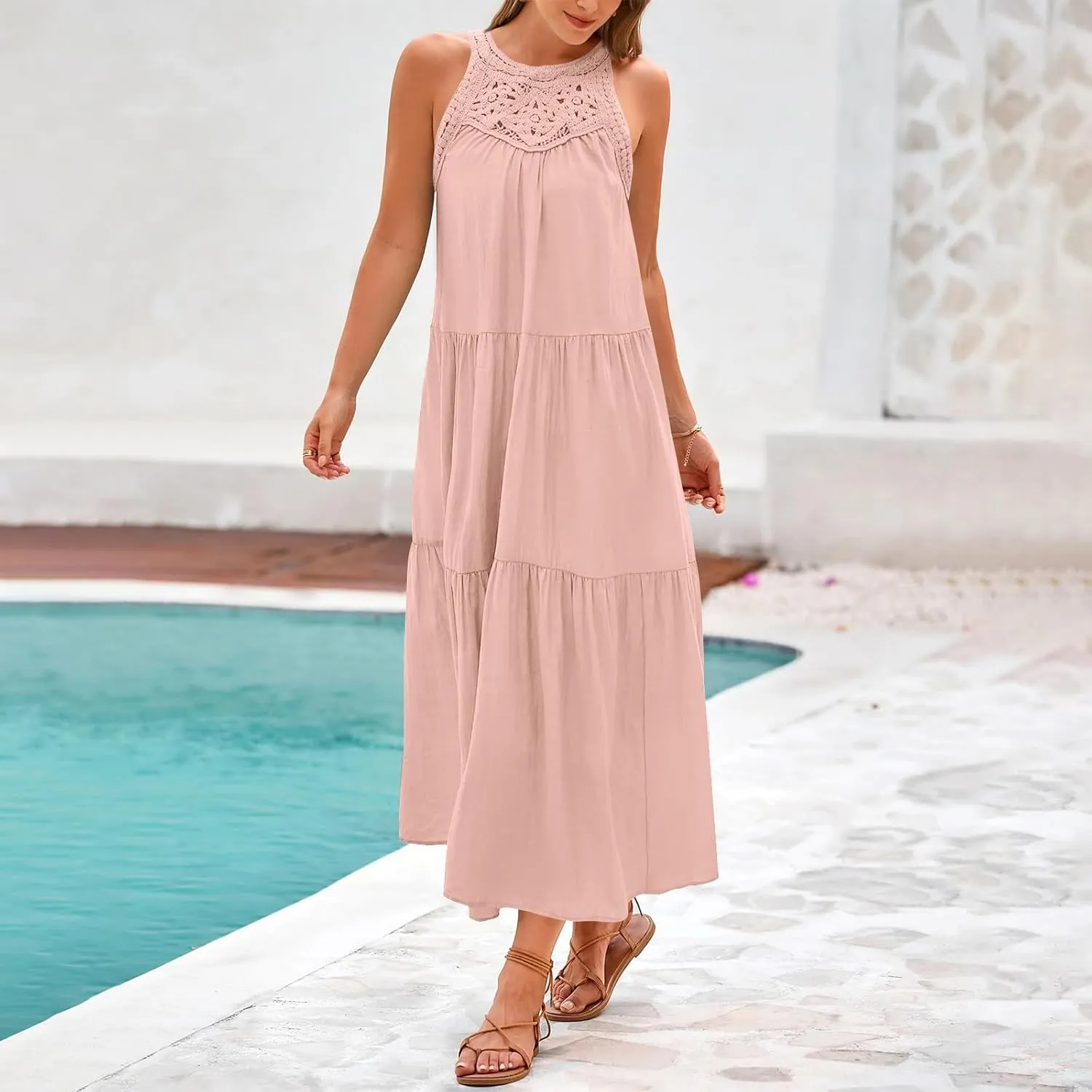 Summer Dresses for Women 2025,Casual Sleeveless Maxi Dresses Easter Crewneck Sundress Beach Vacation Clothes Fashion
