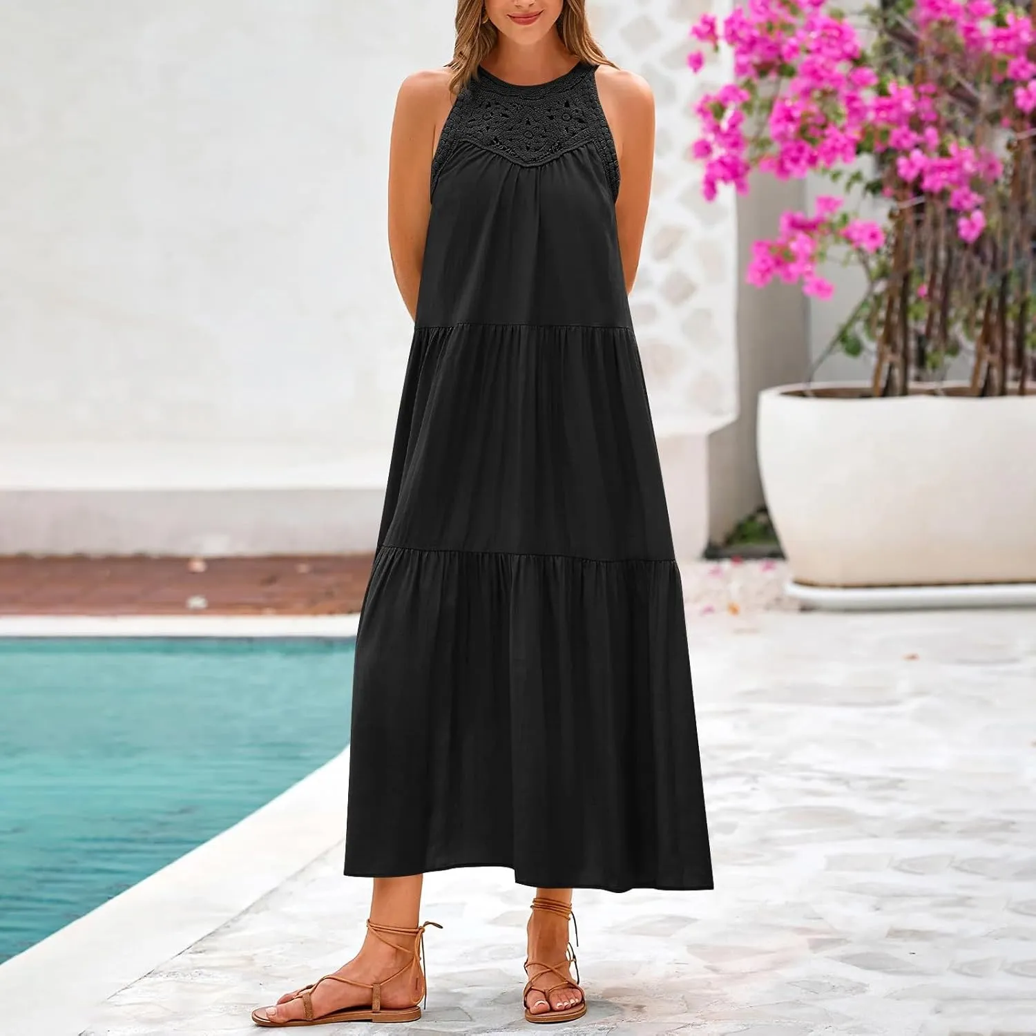 Summer Dresses for Women 2025,Casual Sleeveless Maxi Dresses Easter Crewneck Sundress Beach Vacation Clothes Fashion