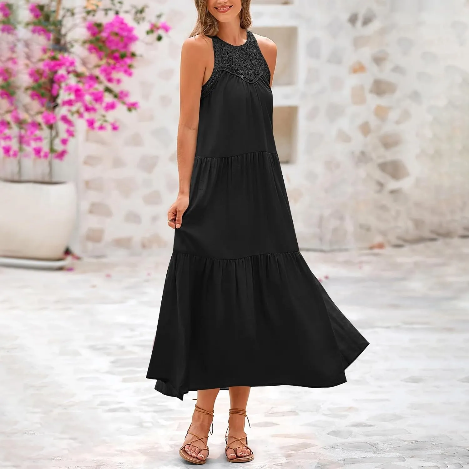 Summer Dresses for Women 2025,Casual Sleeveless Maxi Dresses Easter Crewneck Sundress Beach Vacation Clothes Fashion