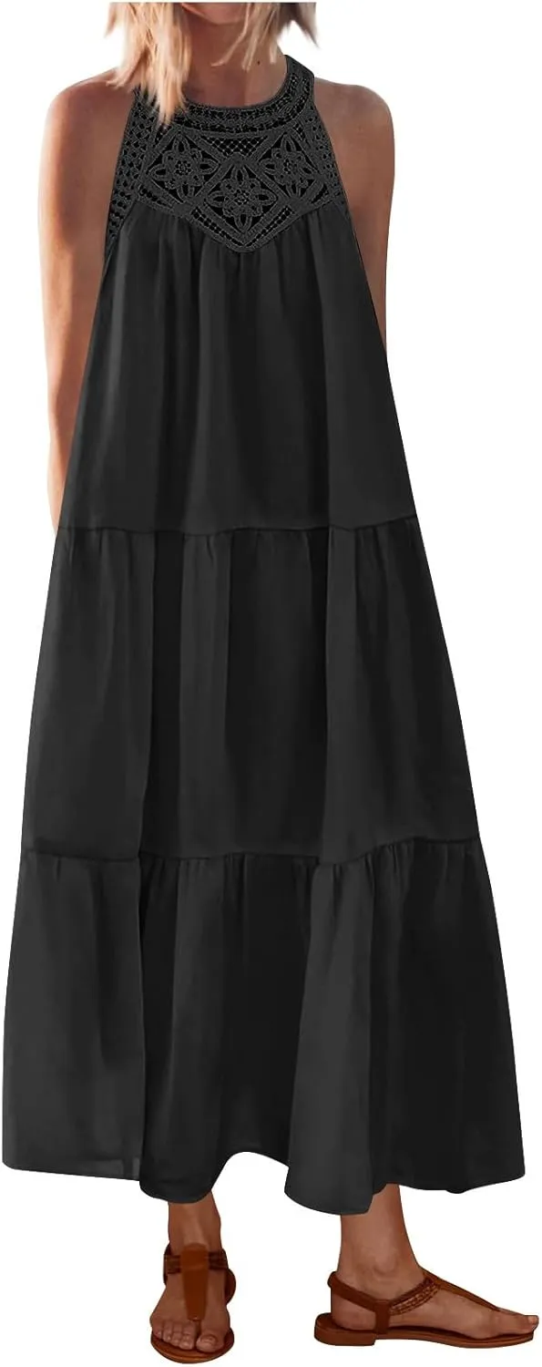 Summer Dresses for Women 2025,Casual Sleeveless Maxi Dresses Easter Crewneck Sundress Beach Vacation Clothes Fashion