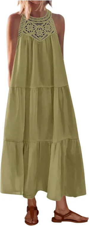 Summer Dresses for Women 2025,Casual Sleeveless Maxi Dresses Easter Crewneck Sundress Beach Vacation Clothes Fashion