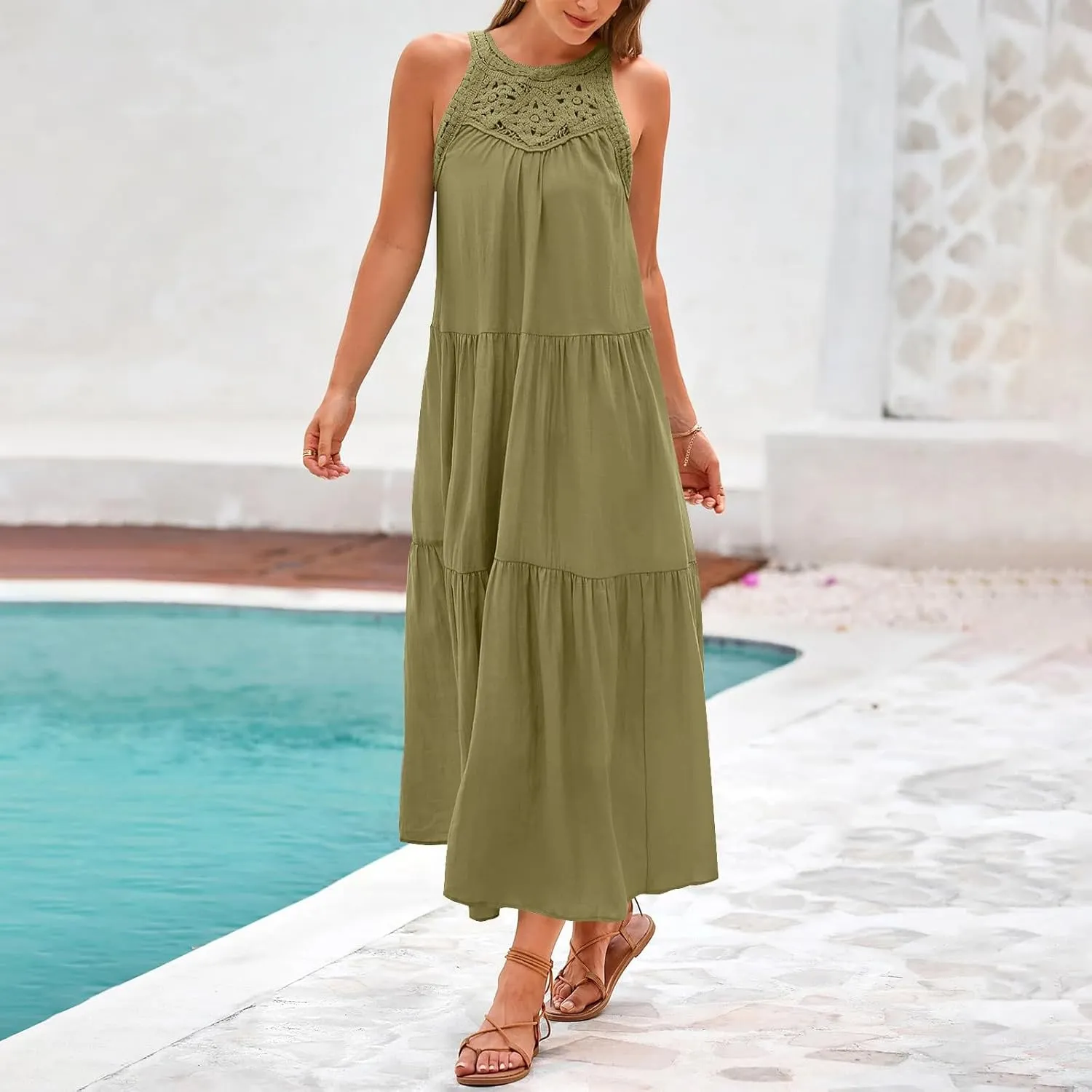 Summer Dresses for Women 2025,Casual Sleeveless Maxi Dresses Easter Crewneck Sundress Beach Vacation Clothes Fashion