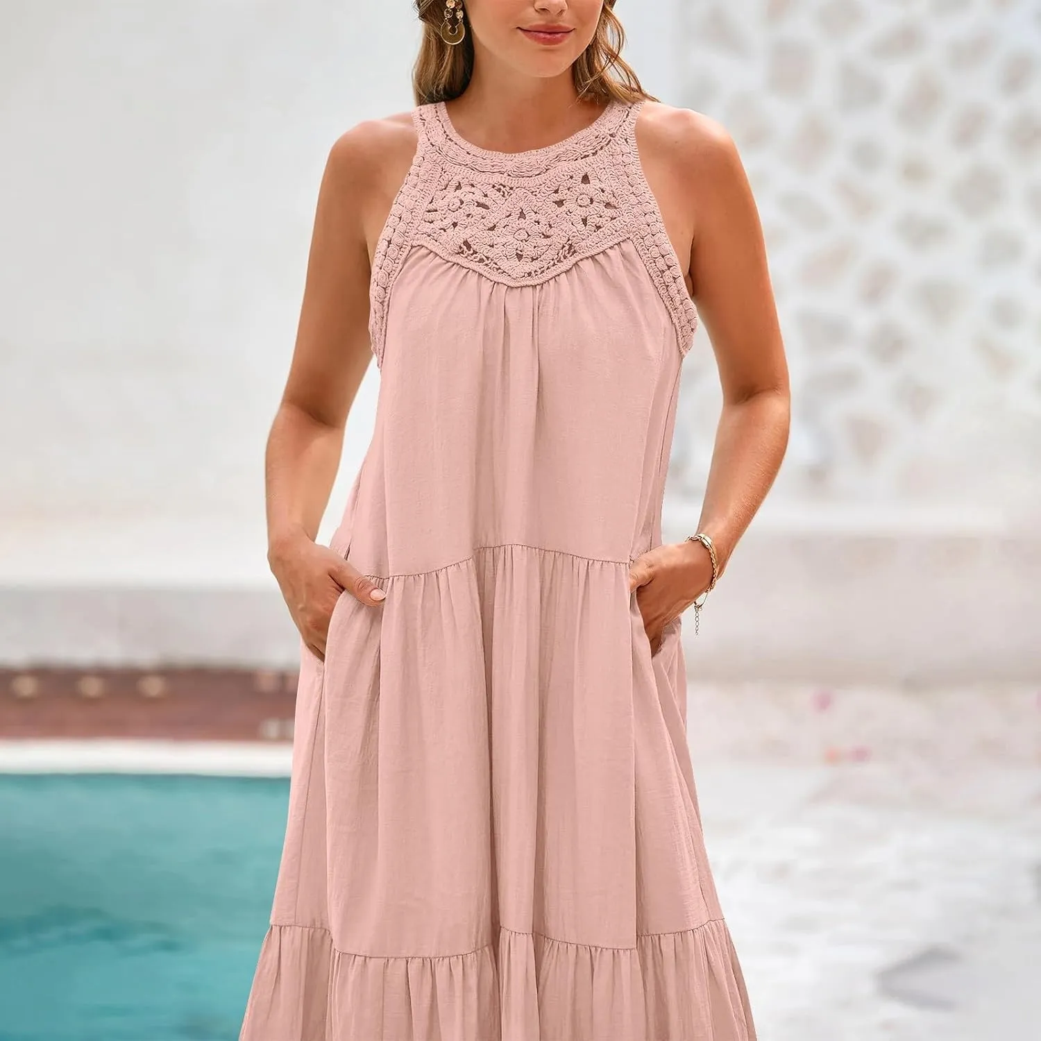 Summer Dresses for Women 2025,Casual Sleeveless Maxi Dresses Easter Crewneck Sundress Beach Vacation Clothes Fashion
