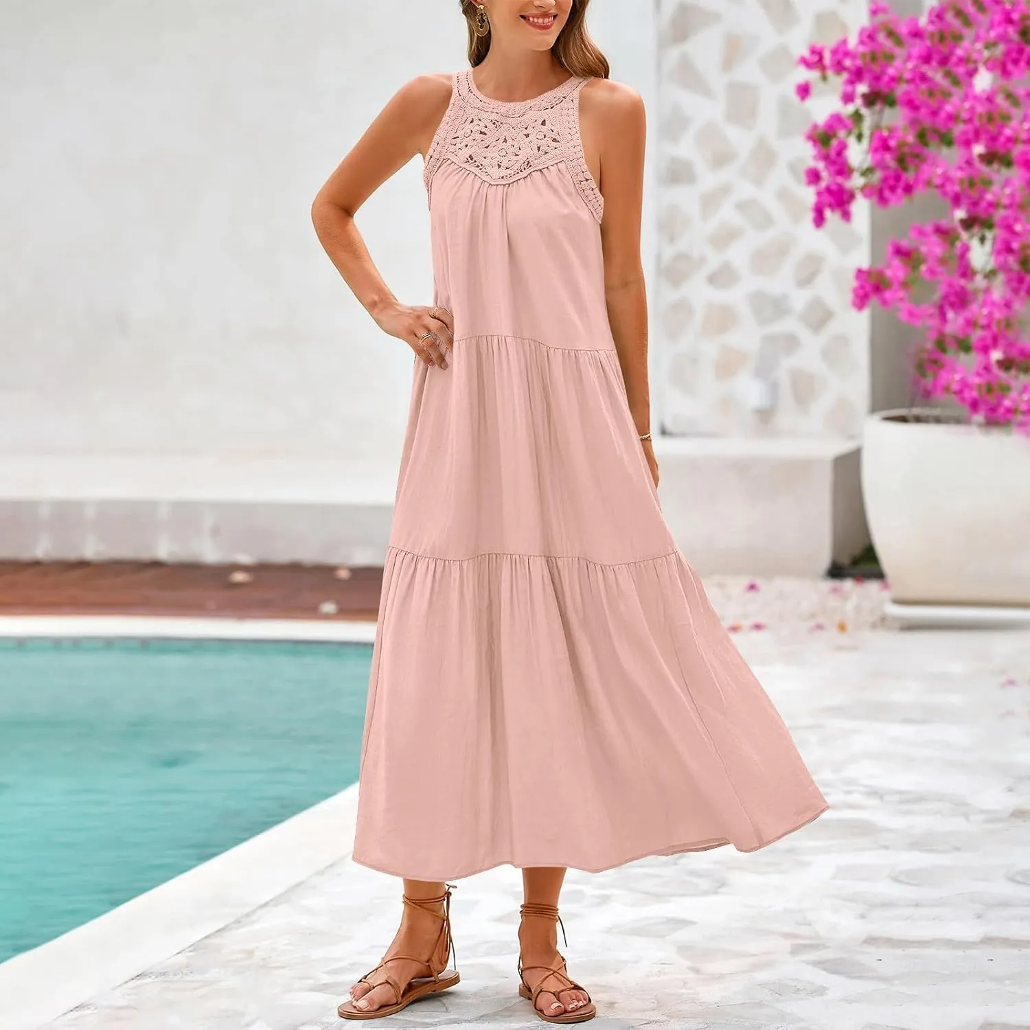 Summer Dresses for Women 2025,Casual Sleeveless Maxi Dresses Easter Crewneck Sundress Beach Vacation Clothes Fashion