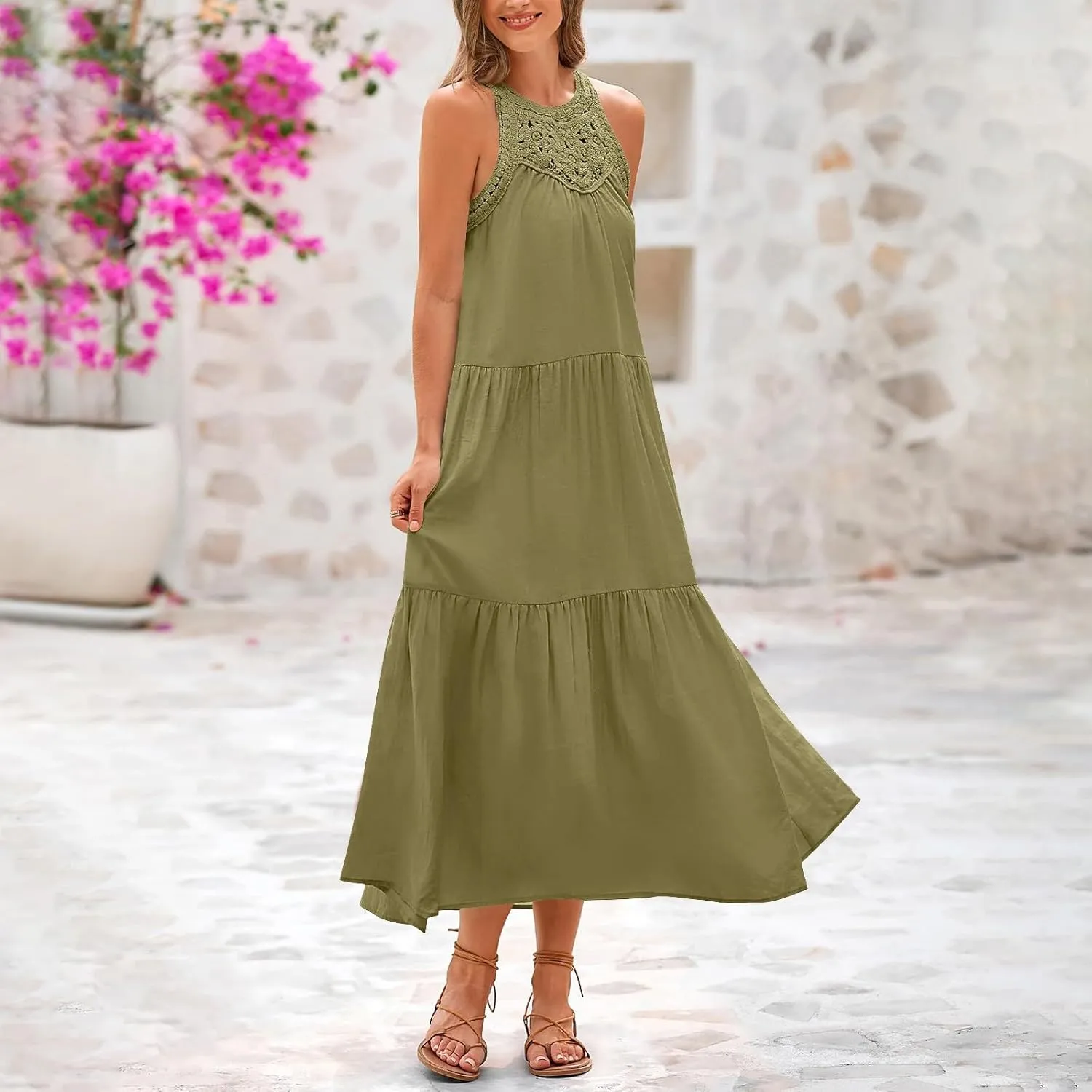 Summer Dresses for Women 2025,Casual Sleeveless Maxi Dresses Easter Crewneck Sundress Beach Vacation Clothes Fashion