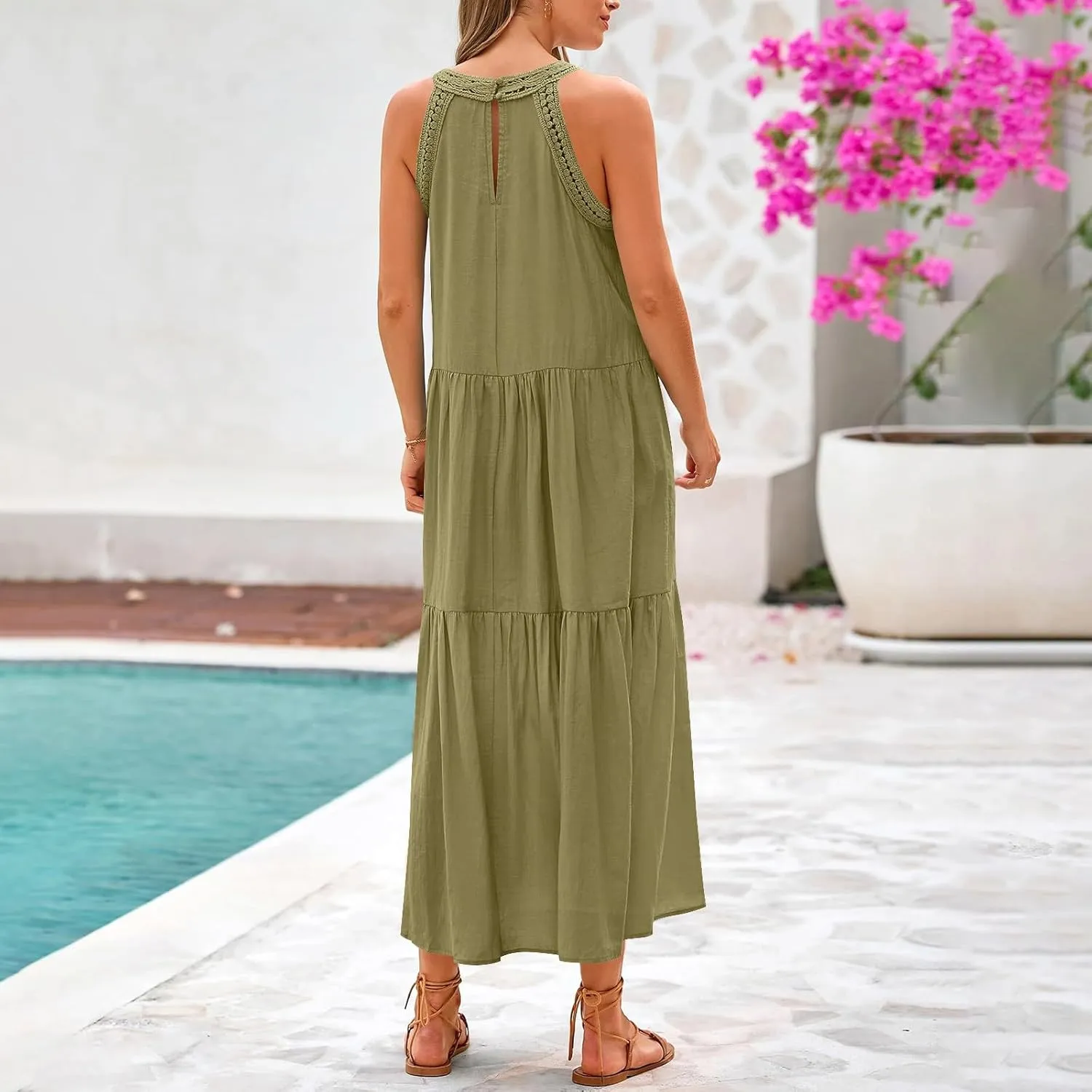 Summer Dresses for Women 2025,Casual Sleeveless Maxi Dresses Easter Crewneck Sundress Beach Vacation Clothes Fashion