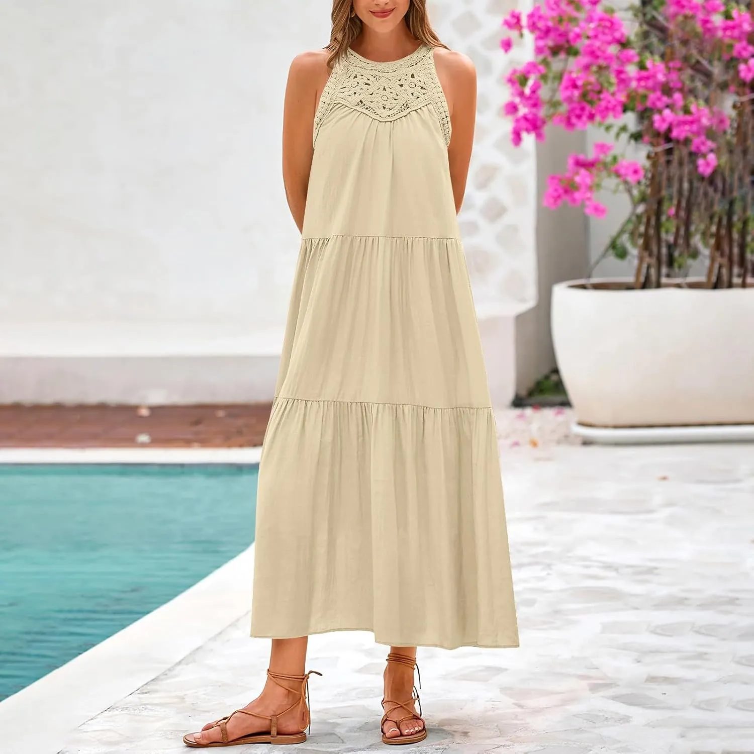 Summer Dresses for Women 2025,Casual Sleeveless Maxi Dresses Easter Crewneck Sundress Beach Vacation Clothes Fashion