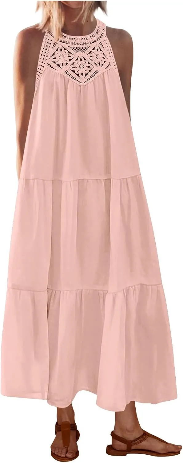Summer Dresses for Women 2025,Casual Sleeveless Maxi Dresses Easter Crewneck Sundress Beach Vacation Clothes Fashion