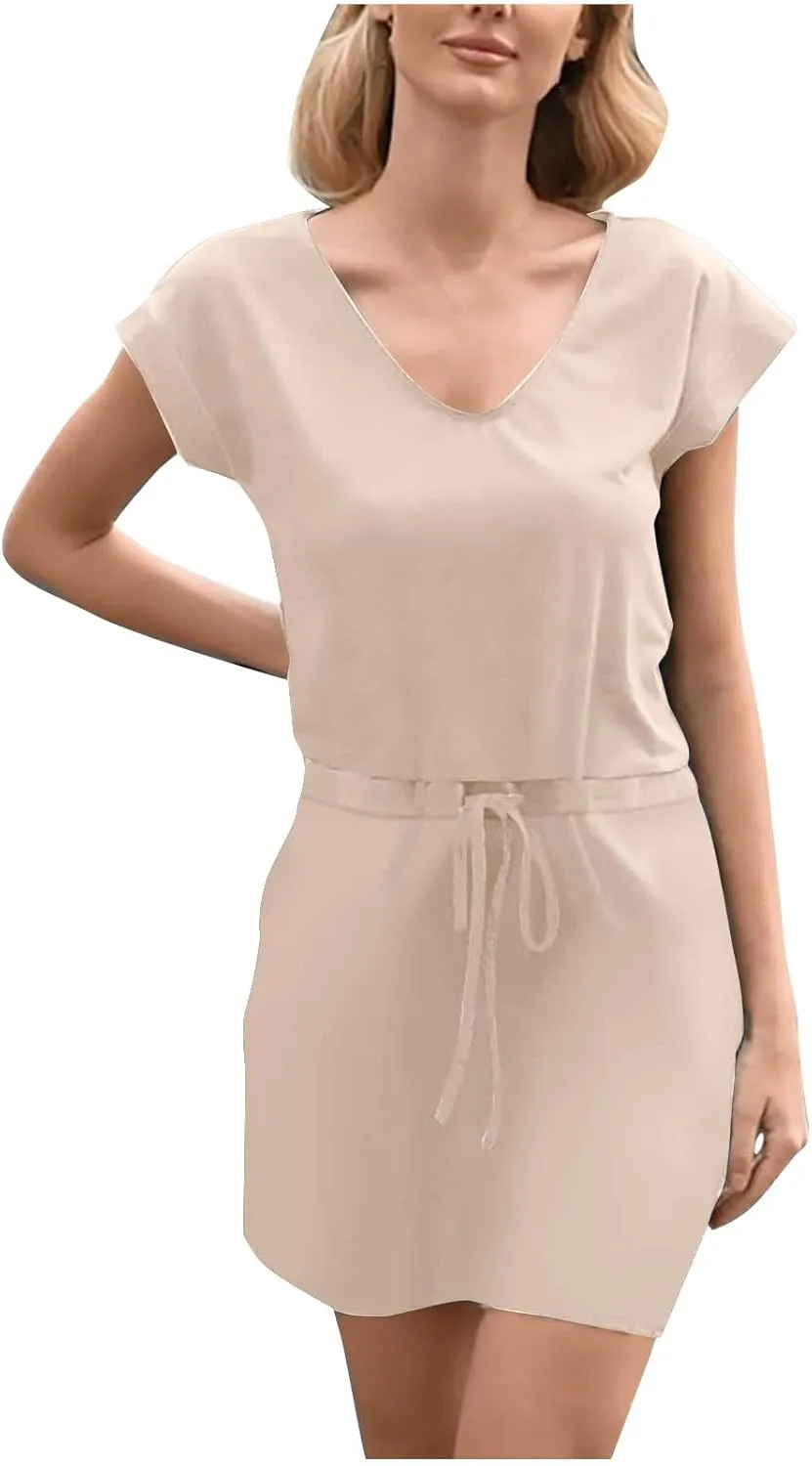 Summer Dresses for Women 2025,Casual Sun Dresses Short Sleeve v Neck Beach Vacation midi Dresses with Pockets