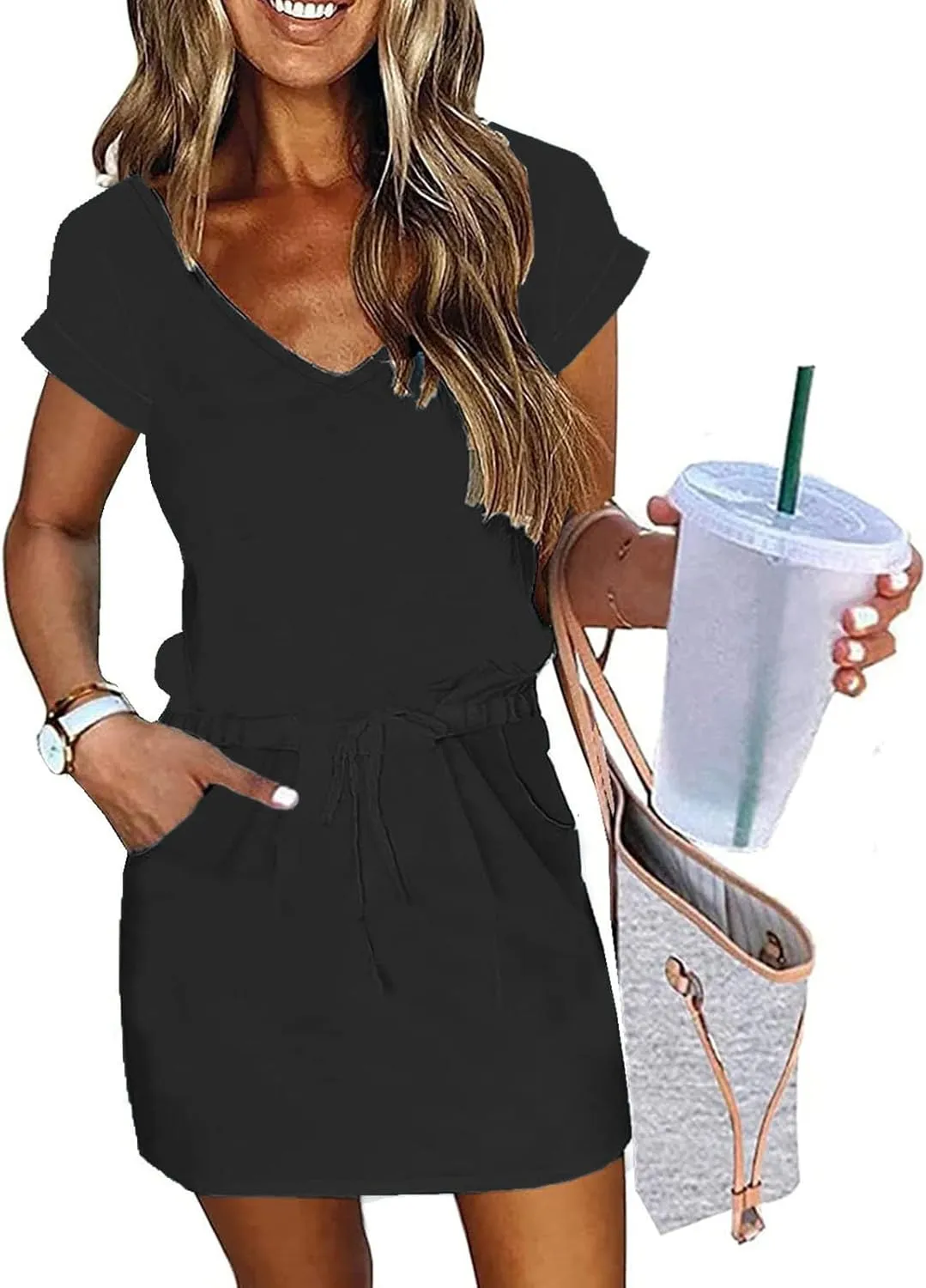 Summer Dresses for Women 2025,Casual Sun Dresses Short Sleeve v Neck Beach Vacation midi Dresses with Pockets