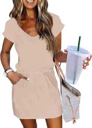 Summer Dresses for Women 2025,Casual Sun Dresses Short Sleeve v Neck Beach Vacation midi Dresses with Pockets