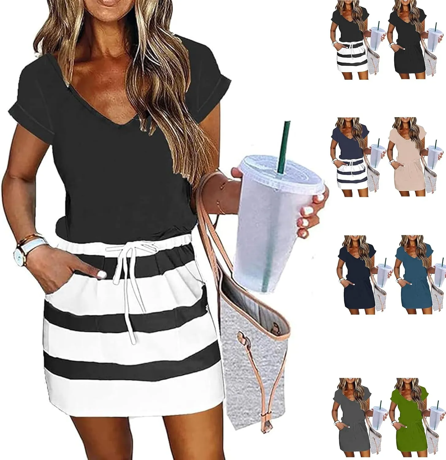 Summer Dresses for Women 2025,Casual Sun Dresses Short Sleeve v Neck Beach Vacation midi Dresses with Pockets