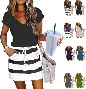 Summer Dresses for Women 2025,Casual Sun Dresses Short Sleeve v Neck Beach Vacation midi Dresses with Pockets