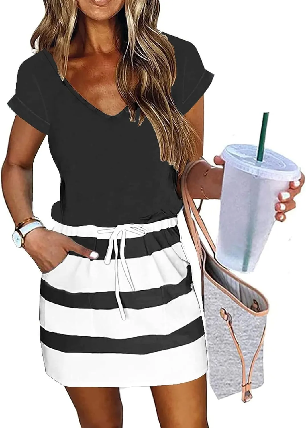 Summer Dresses for Women 2025,Casual Sun Dresses Short Sleeve v Neck Beach Vacation midi Dresses with Pockets