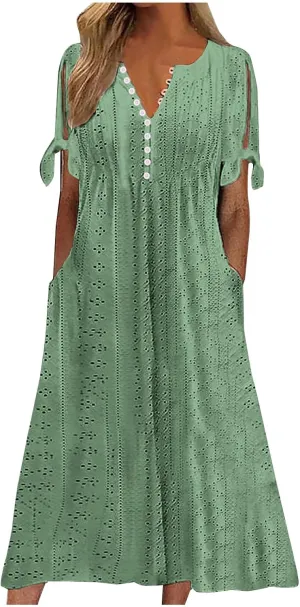 Summer Dresses for Women 2025,Cold Shoulder Eyelet Dress v Neck Boho Casual Beach Vacation Spring Maxi Dresses