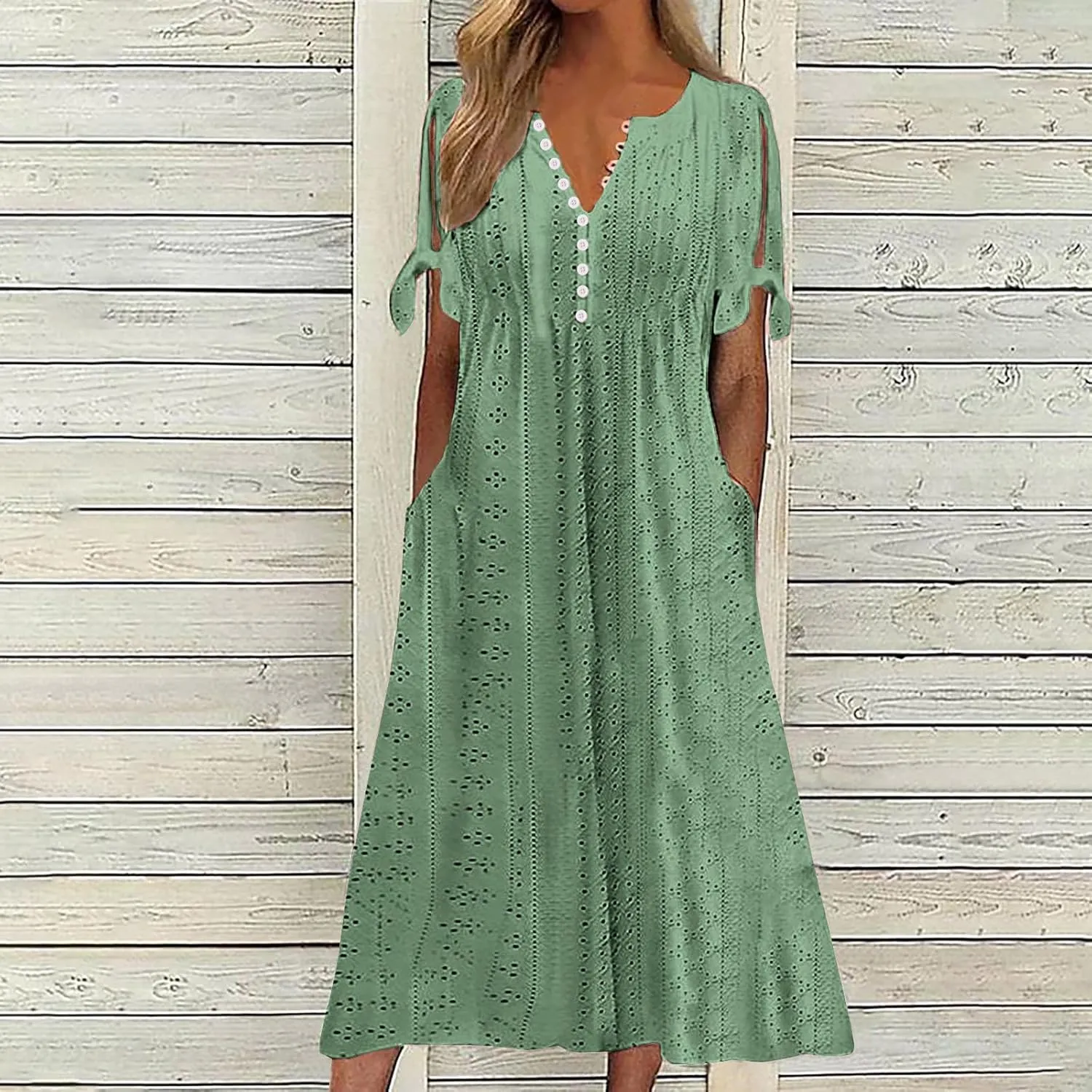 Summer Dresses for Women 2025,Cold Shoulder Eyelet Dress v Neck Boho Casual Beach Vacation Spring Maxi Dresses