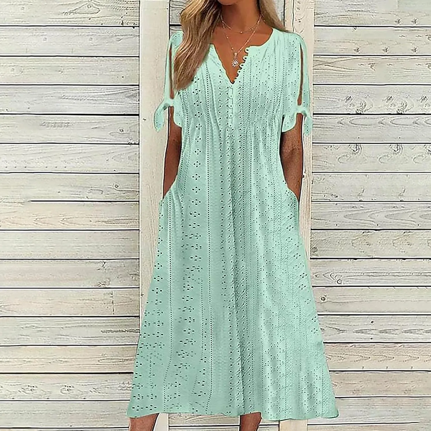 Summer Dresses for Women 2025,Cold Shoulder Eyelet Dress v Neck Boho Casual Beach Vacation Spring Maxi Dresses