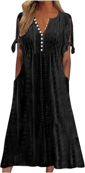 Summer Dresses for Women 2025,Cold Shoulder Eyelet Dress v Neck Boho Casual Beach Vacation Spring Maxi Dresses
