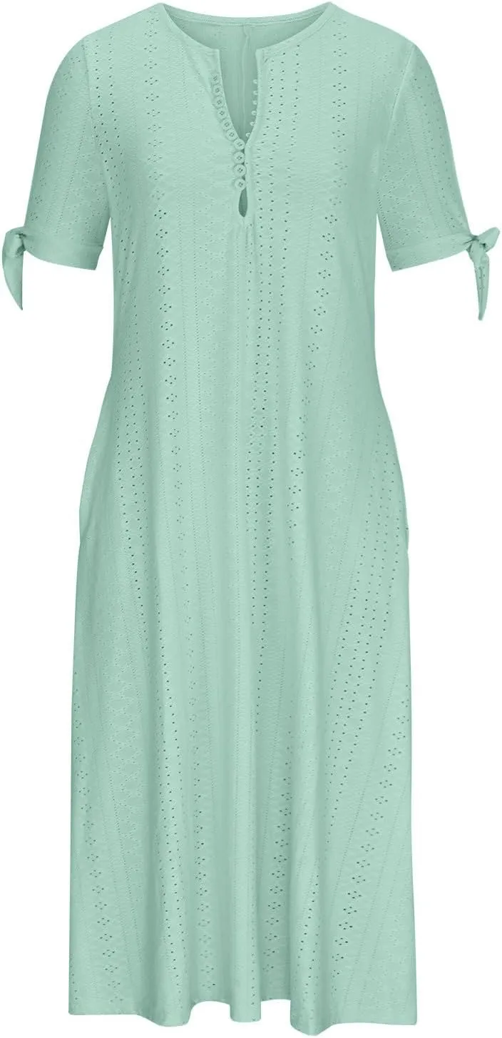 Summer Dresses for Women 2025,Cold Shoulder Eyelet Dress v Neck Boho Casual Beach Vacation Spring Maxi Dresses