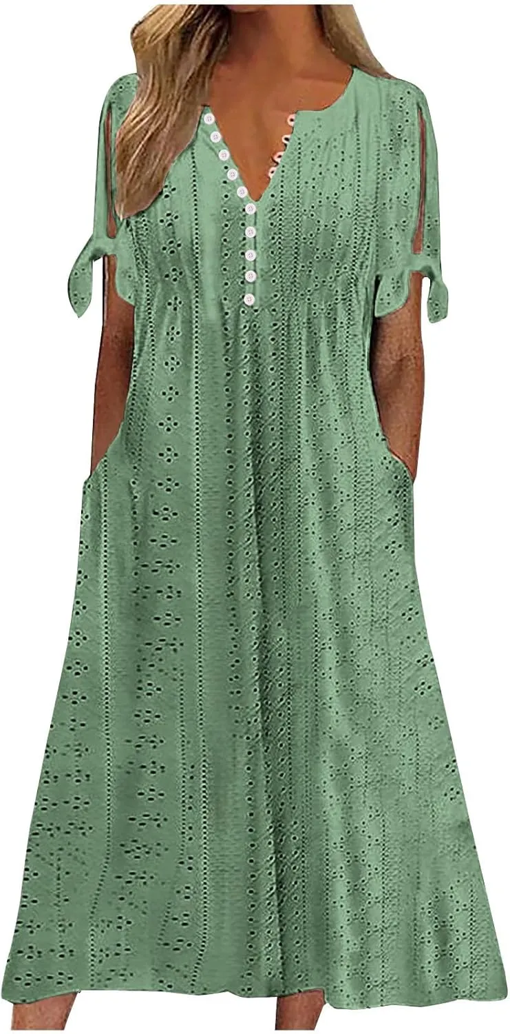 Summer Dresses for Women 2025,Cold Shoulder Eyelet Dress v Neck Boho Casual Beach Vacation Spring Maxi Dresses