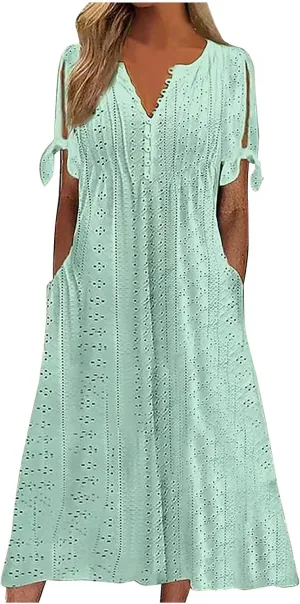 Summer Dresses for Women 2025,Cold Shoulder Eyelet Dress v Neck Boho Casual Beach Vacation Spring Maxi Dresses