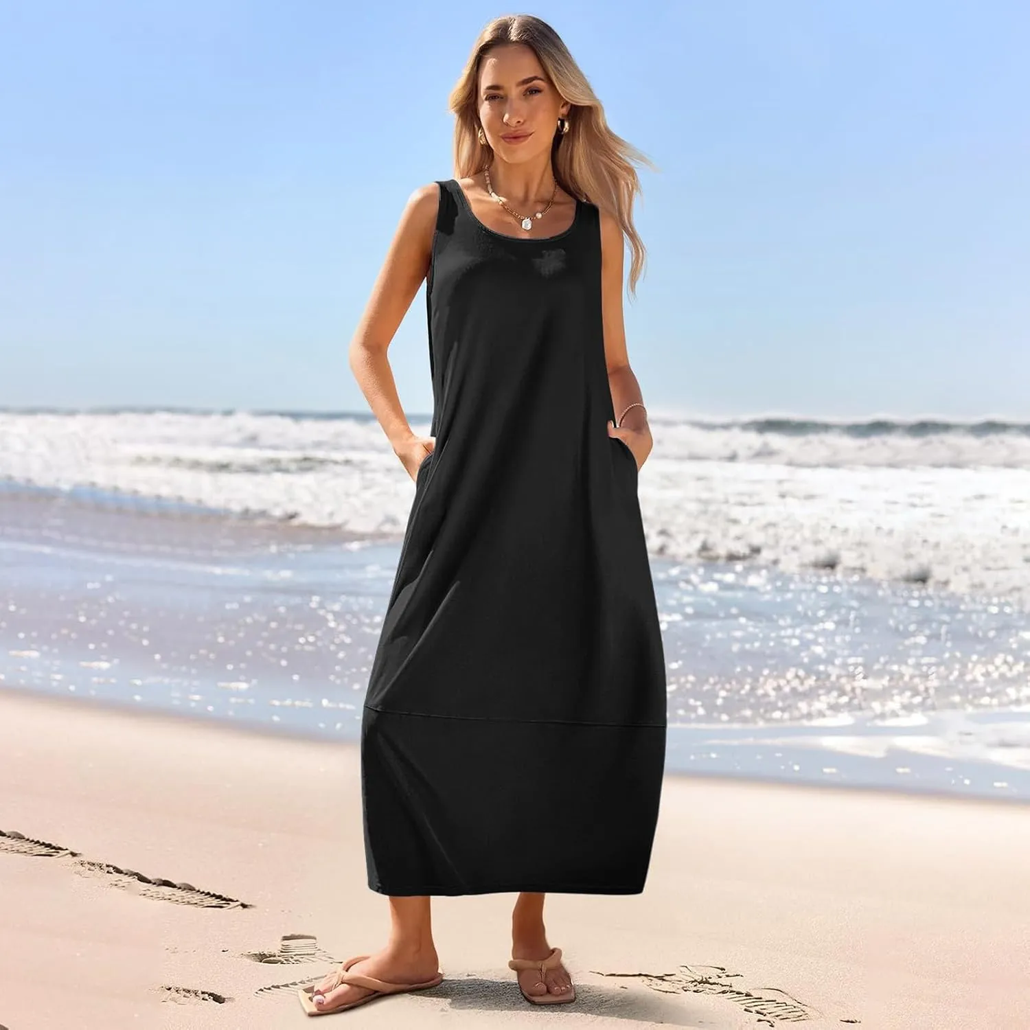 Summer Dresses for Women 2025,Dressy Casual Maxi Dresses Beach Vacation Scoop Neck Solid Spring undresses