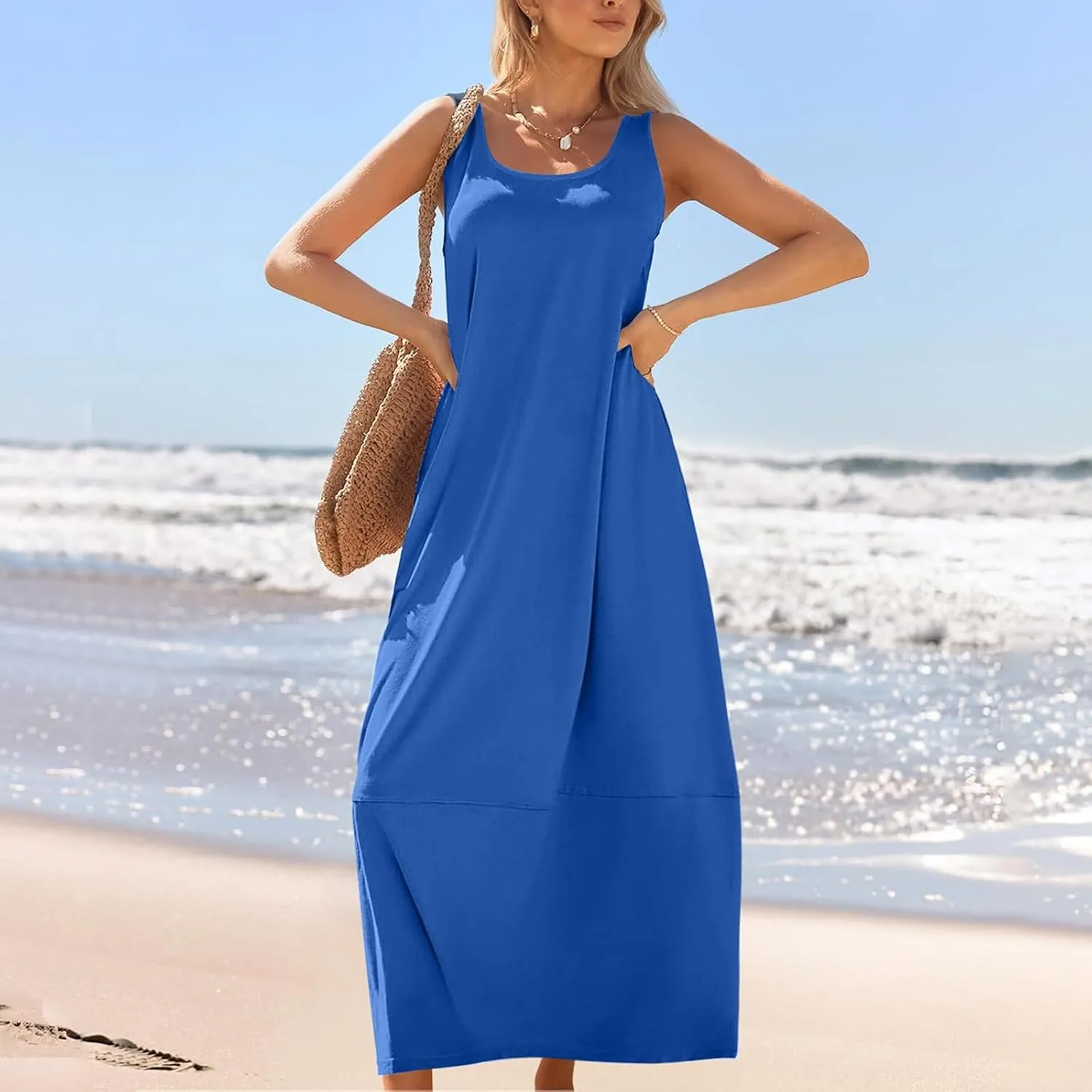 Summer Dresses for Women 2025,Dressy Casual Maxi Dresses Beach Vacation Scoop Neck Solid Spring undresses