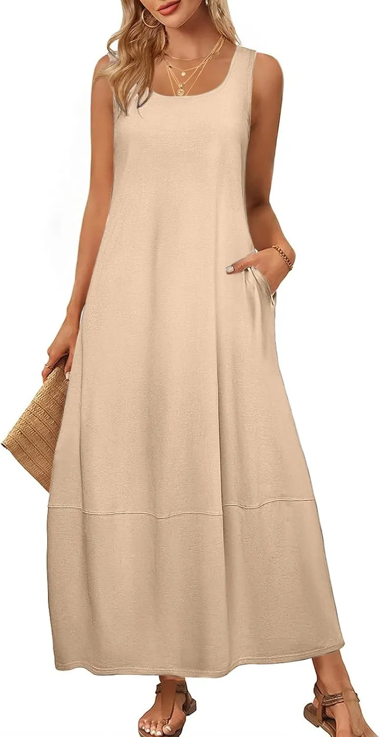 Summer Dresses for Women 2025,Dressy Casual Maxi Dresses Beach Vacation Scoop Neck Solid Spring undresses