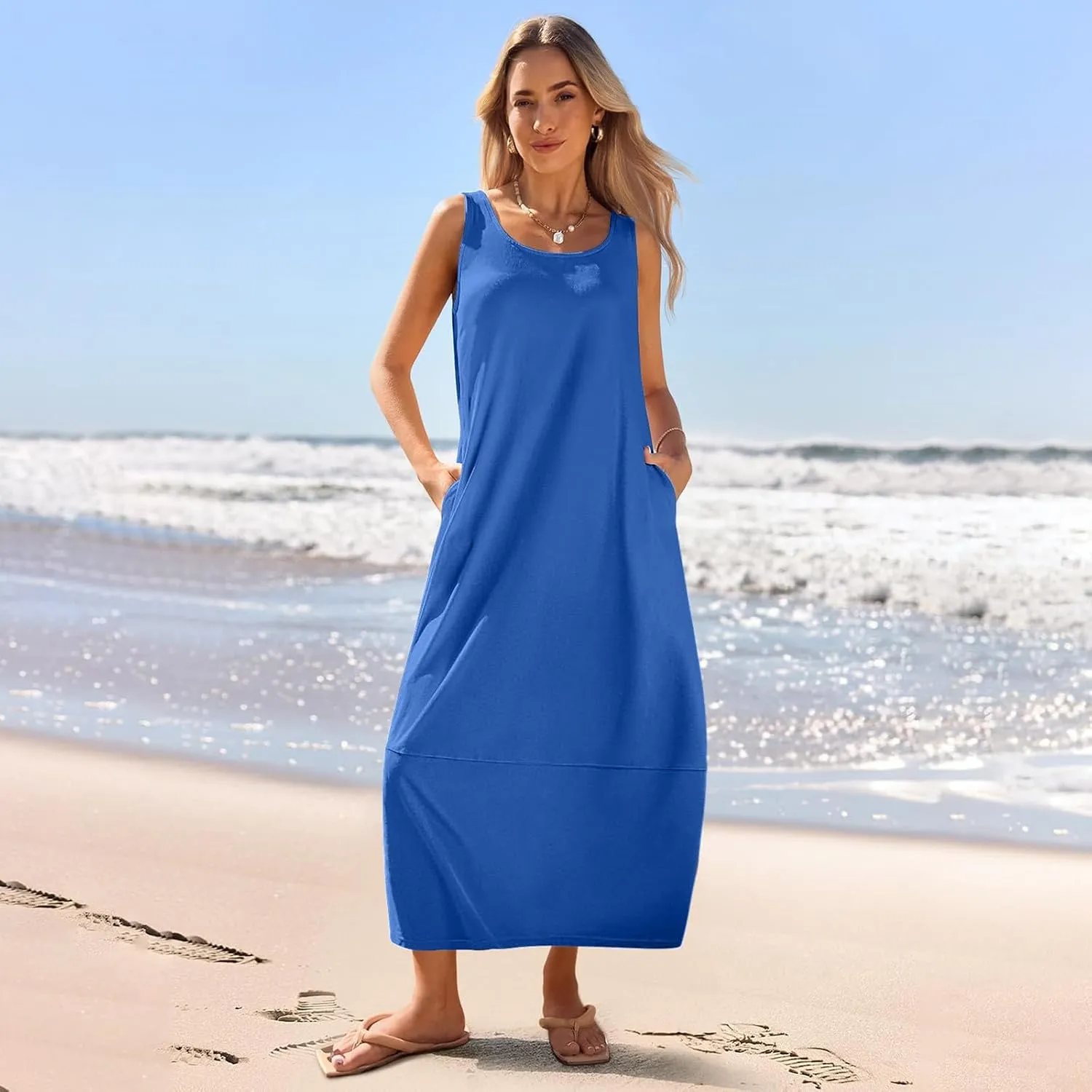 Summer Dresses for Women 2025,Dressy Casual Maxi Dresses Beach Vacation Scoop Neck Solid Spring undresses