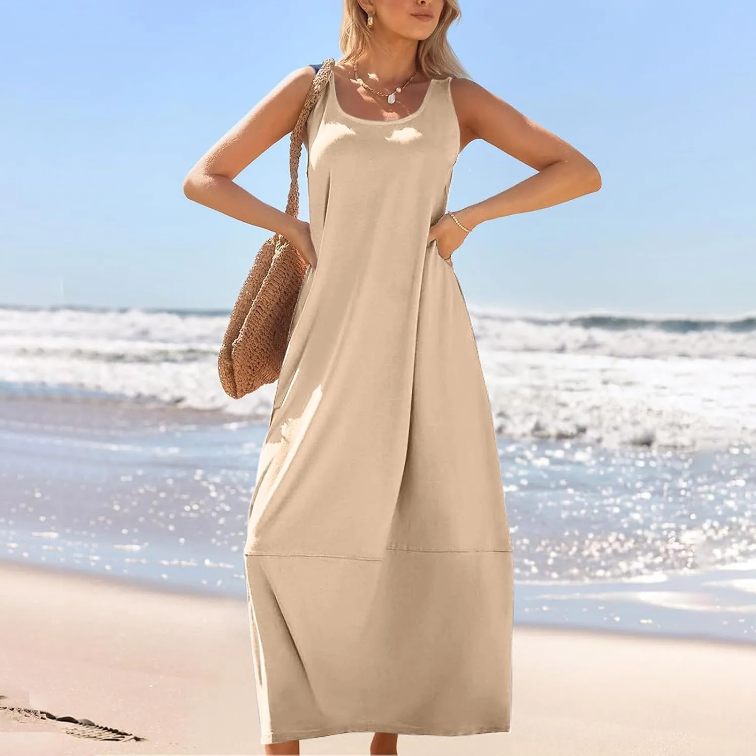 Summer Dresses for Women 2025,Dressy Casual Maxi Dresses Beach Vacation Scoop Neck Solid Spring undresses